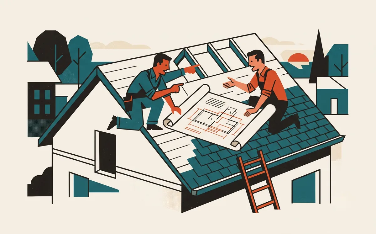 Two roofers arguing happily over a large unrolled plan on a half-shingled roof at first light, a vermilion ladder against the eave