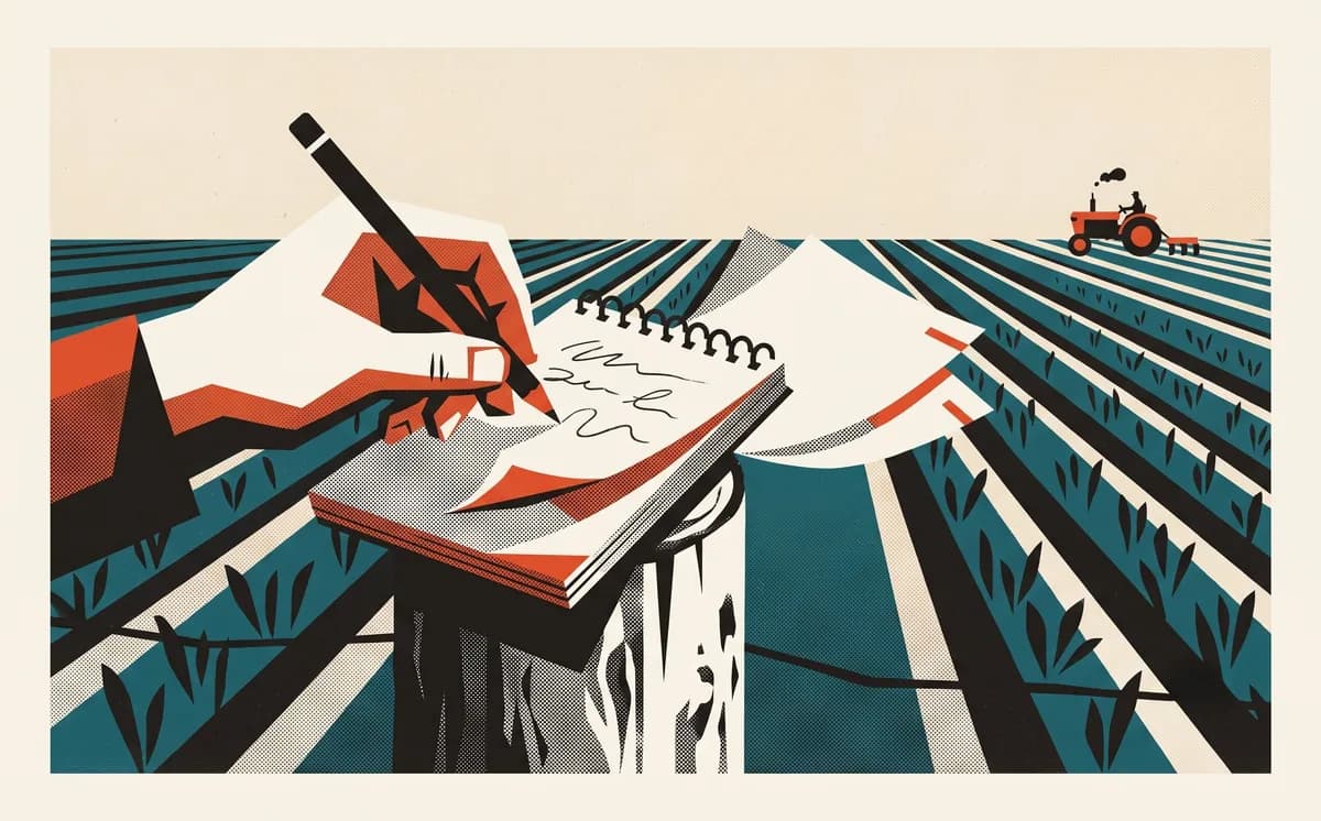 A hand writes abstract scribbles in a spiral notebook resting on a fence post, pages lifting in the wind, teal crop rows and a small red tractor working behind