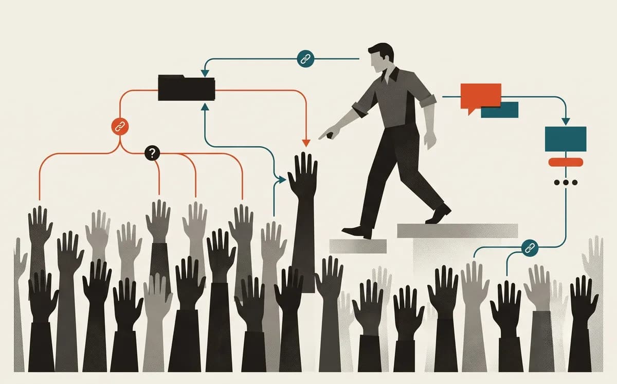A crowd of raised hands under a flowchart of blank boxes and arrows while one figure steps off a low podium, pointing at the next hand