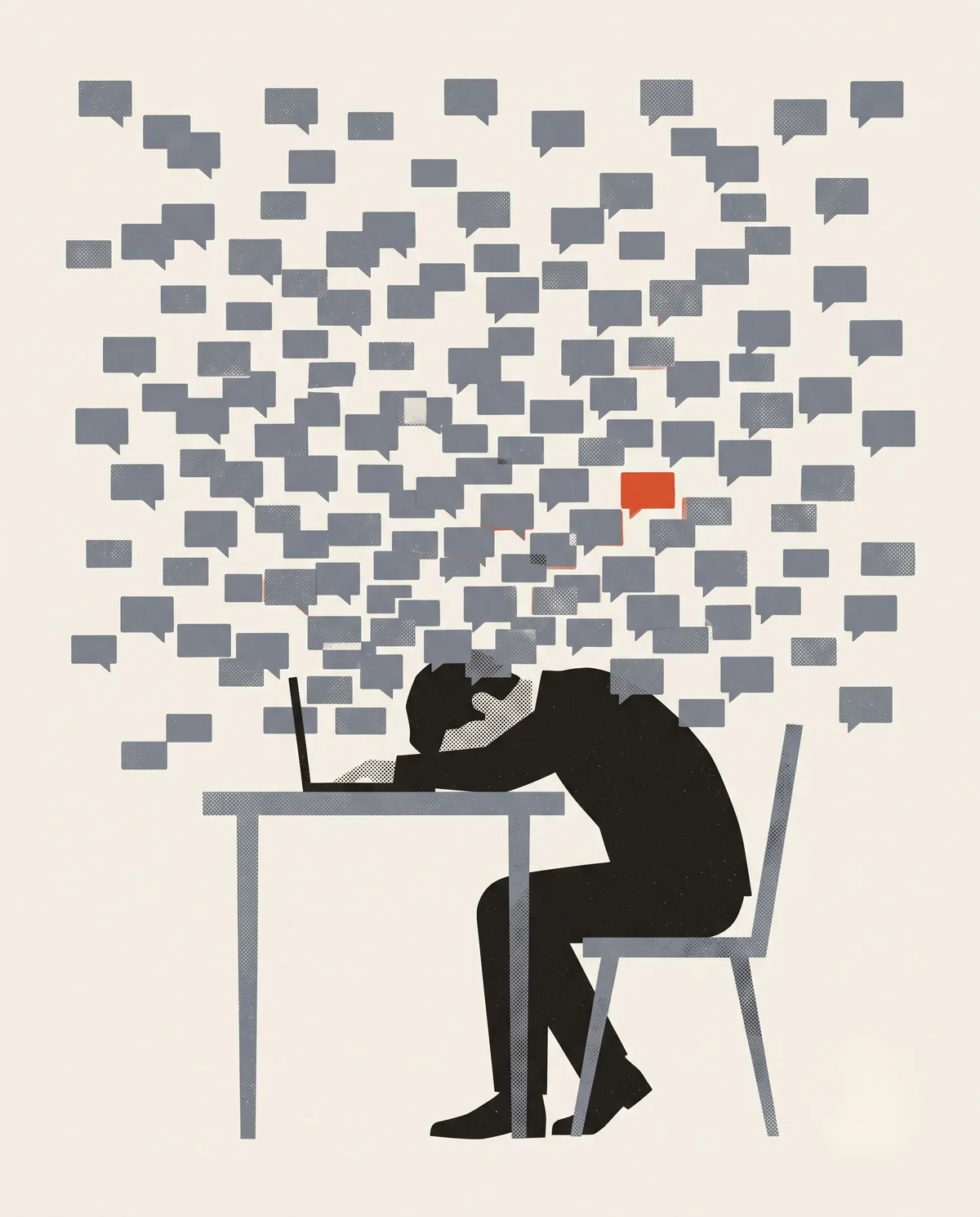 A lone figure slumped at a desk under a dense swarm of identical grey notification shapes pressing in around their head, one of them vermilion