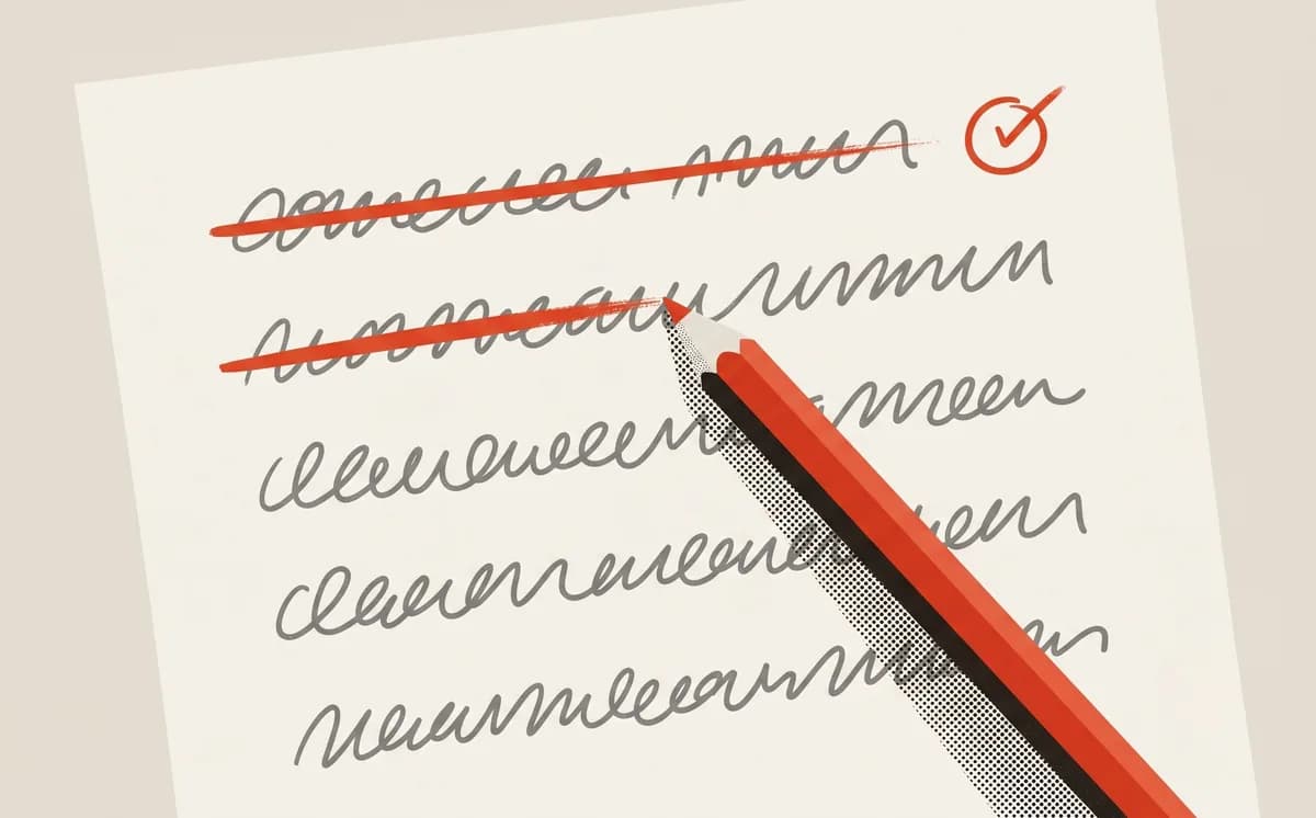 A red editor's pencil frozen mid-stroke through a line of abstract gray cursive scribble, the line above already struck through with a circled check beside it