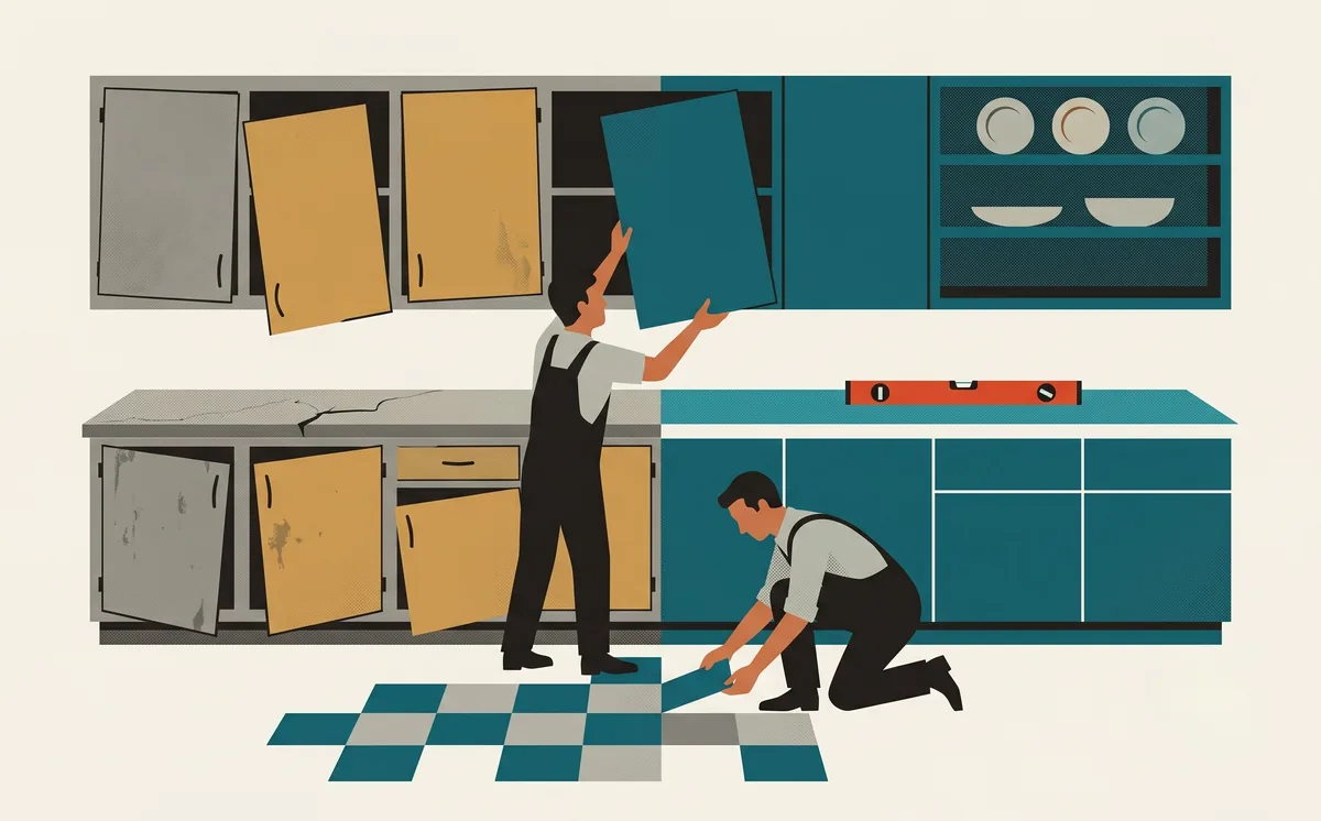 A kitchen split down the middle mid-remodel: dingy gray-and-ochre cabinets on the left, clean teal cabinets on the right, one worker lifting a new door into place and another laying checkerboard tile, a vermilion level on the counter