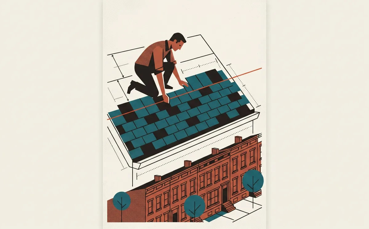 A capital-region builder lays teal slate on a rowhouse roof with a vermilion chalk line snapped across it, brick rowhouses and street trees below