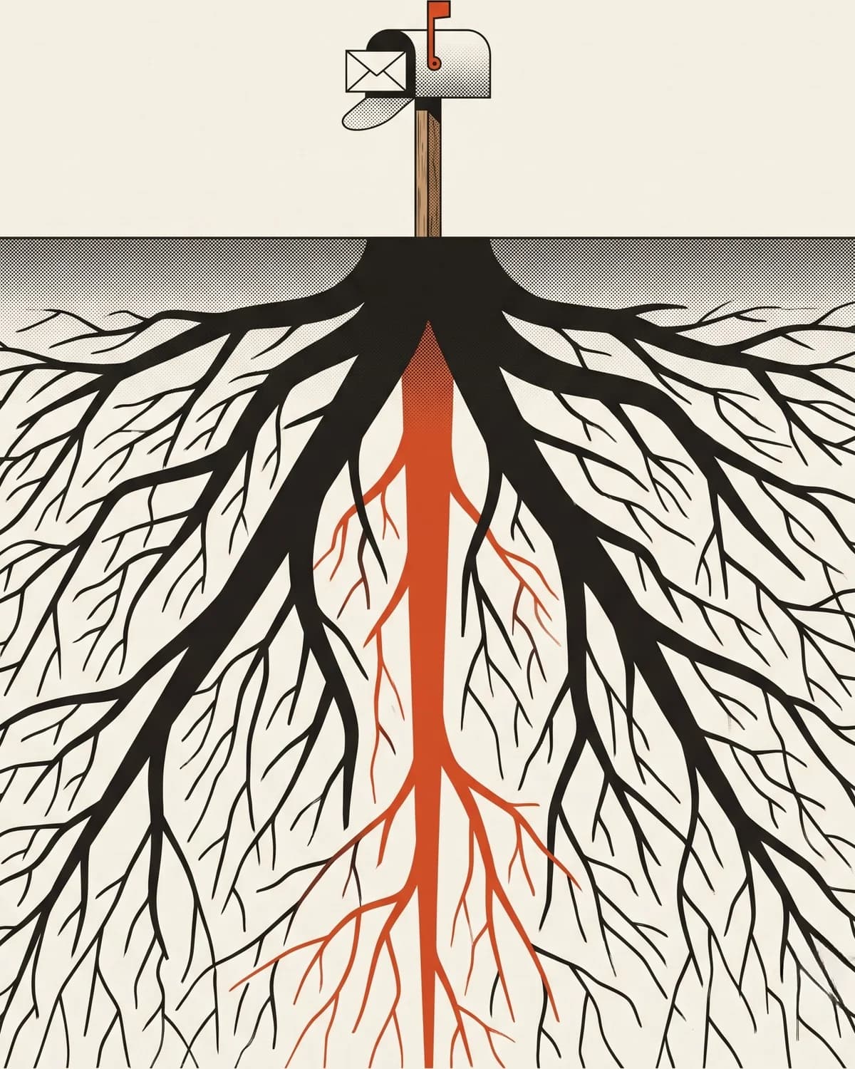 A botanical cutaway: a small mailbox on a post above the soil line, with an enormous root system filling the ground beneath it, one root vermilion