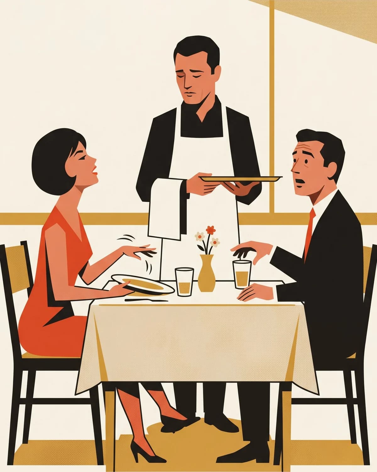 A restaurant table: a woman in vermilion waves a plate away mid-sentence, the server stands holding his tray with his eyes lowered, and her date freezes mid-reach, staring at her