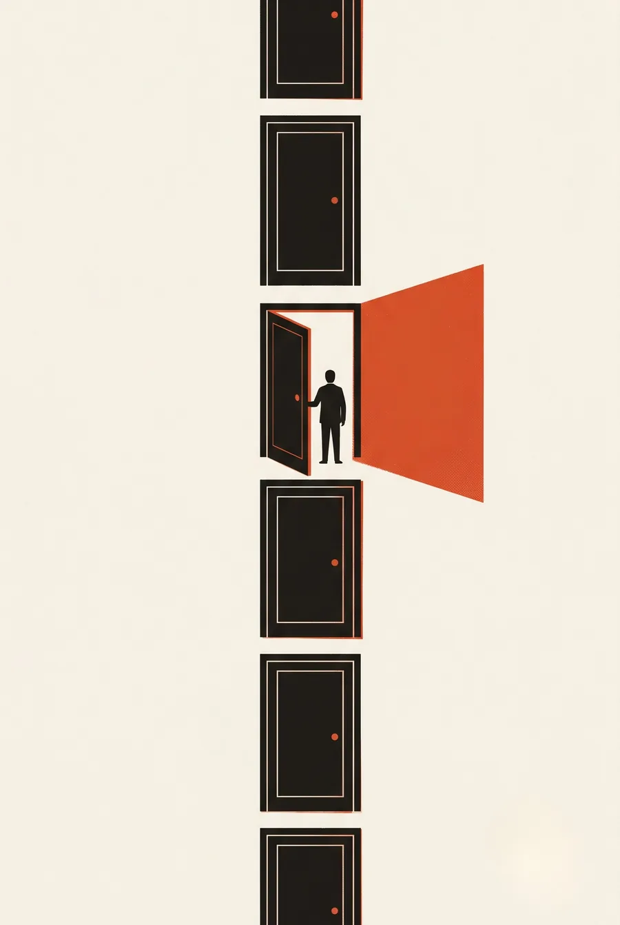 A vertical column of identical closed black doors, one standing open with a flat vermilion wedge of light spilling out, a small figure in silhouette at the threshold with one hand still on the door