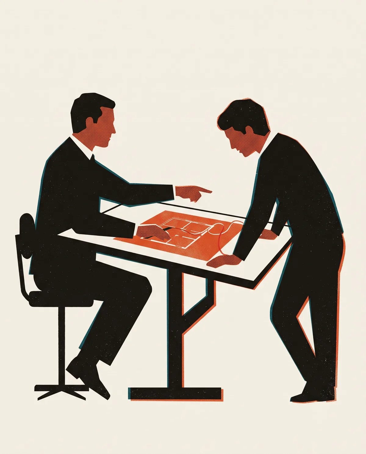 Two figures at a drafting table, one calmly pointing the way across a shared plan while the other leans in, engaged, a single vermilion element between them