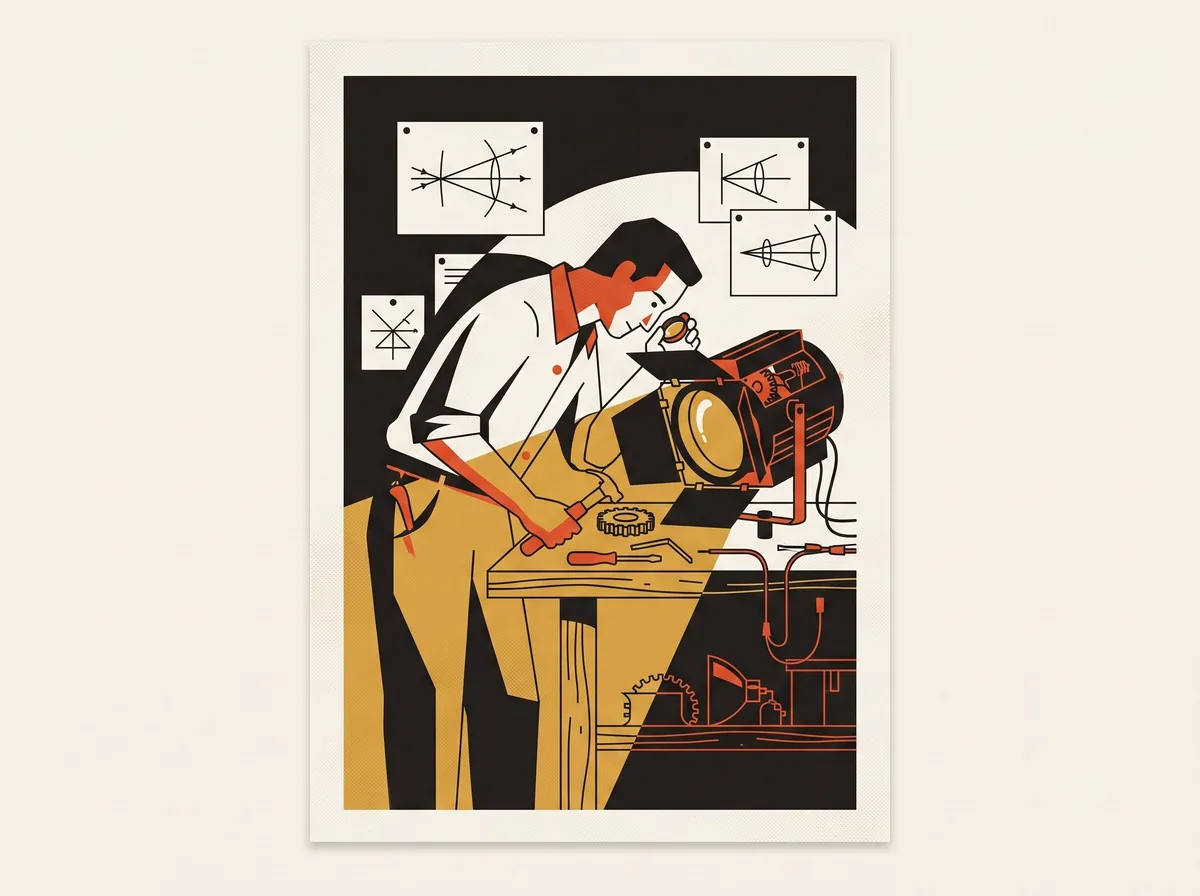 A man at a workbench examines the lens of a dismantled stage spotlight up close like a jeweler, optics diagrams pinned behind him, the beam spilling as one flat mustard wedge