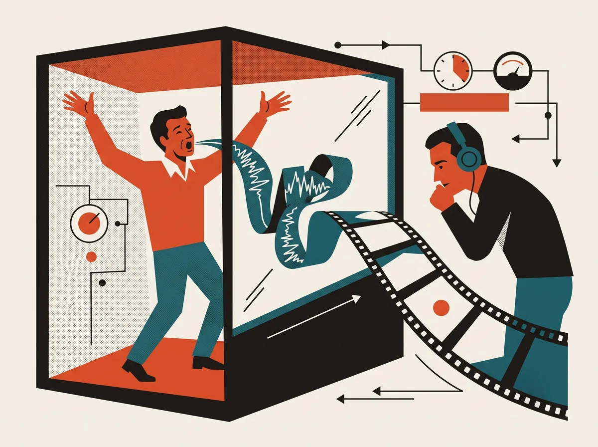 A narrator performs with his whole body inside a recording booth while a teal ribbon of sound wave spools out through the glass and becomes a strip of film frames, an engineer leaning in to listen