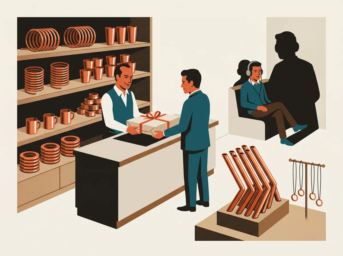 A copper-goods shop interior: shelves of coils, cups and rings, a shopkeeper sliding a ribbon-tied parcel to a customer, a cloudbuster of copper pipes on a base, and a listening nook where a customer in headphones faces his own large shadow