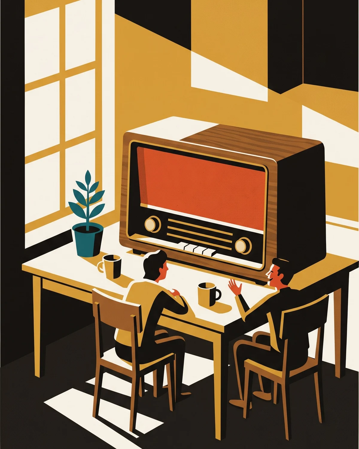 Two people at a sunlit kitchen table leaning in toward a mid-century radio with a vermilion speaker panel, coffee cups and a plant beside it, one of them mid-laugh