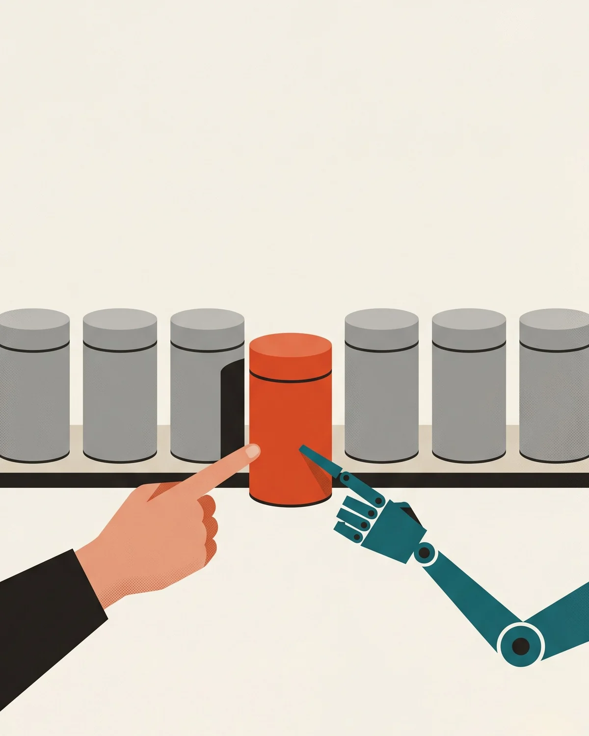 A shelf of seven identical grey canisters with one vermilion canister standing forward, a human hand pointing at it from the left and a teal mechanical arm pointing at it from the right