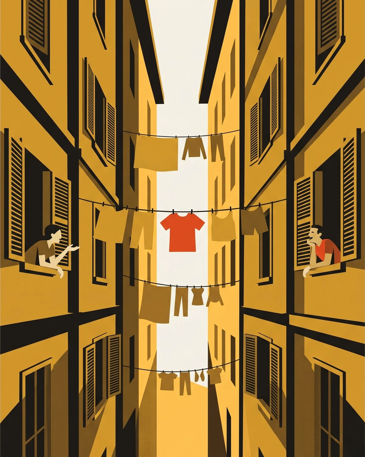 A narrow Italian alley with laundry lines strung between two facades, one vermilion shirt at the centre, two small figures leaning from opposite windows mid-conversation